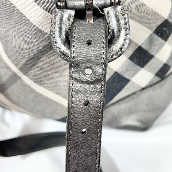 Burberry Super Nova Shimmer Check Tote Bag Canvas Leather Trim Open Top Pockets - Picture 10 of 16